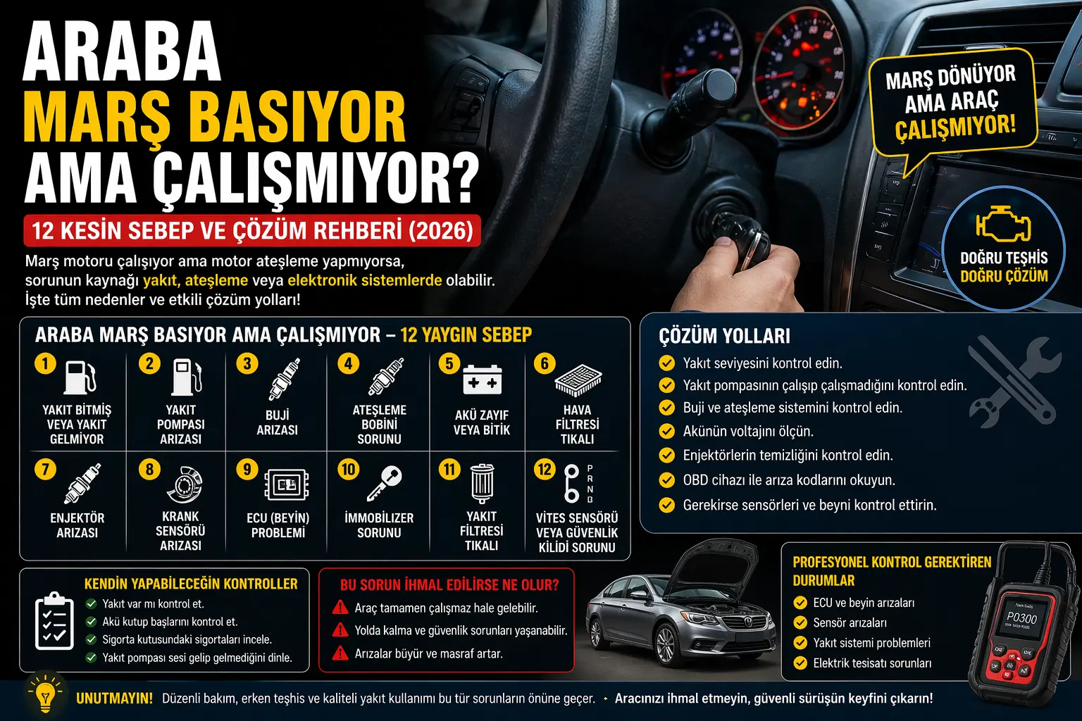 Araba Marş Basıyor Ama Çalışmıyor: 12 Kesin Sebep ve Çözüm Rehberi