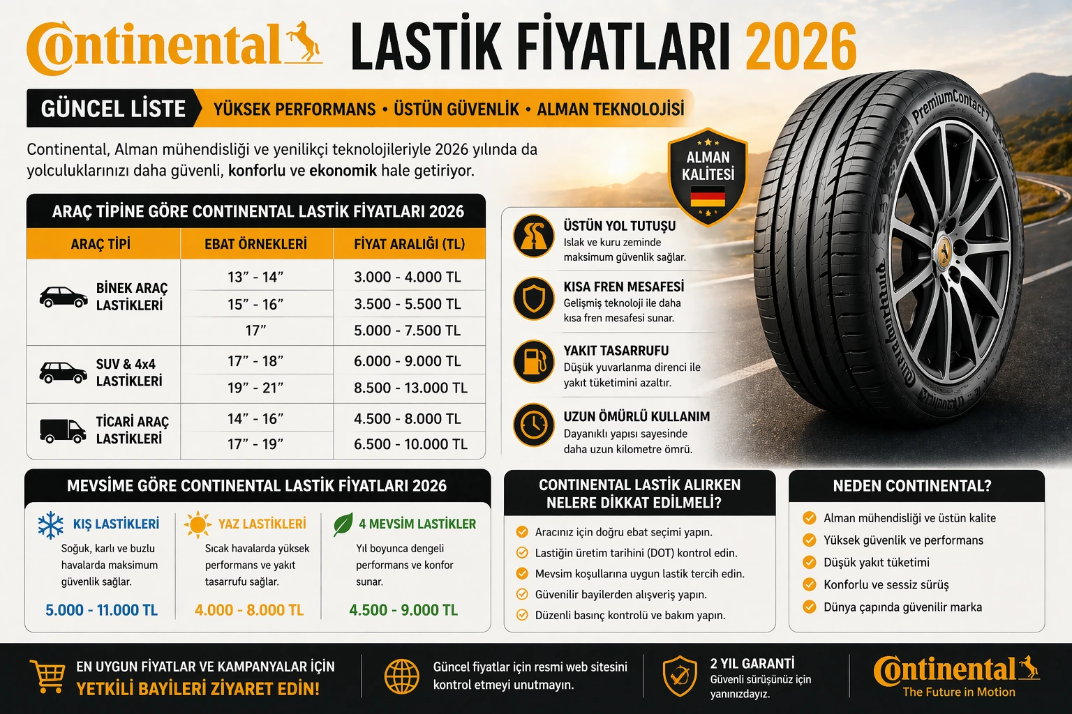 Continental Lastik Fiyatları 2026 – Güncel Liste ve Araç Tipine Göre Fiyatlar
